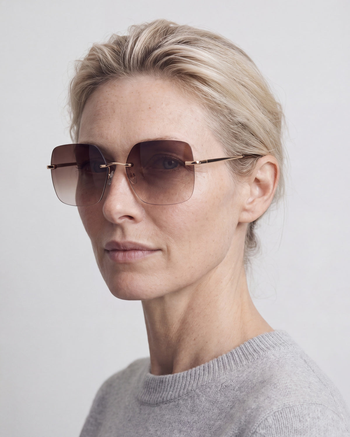 Billie Gold Rimless Sunglasses, worn, side
