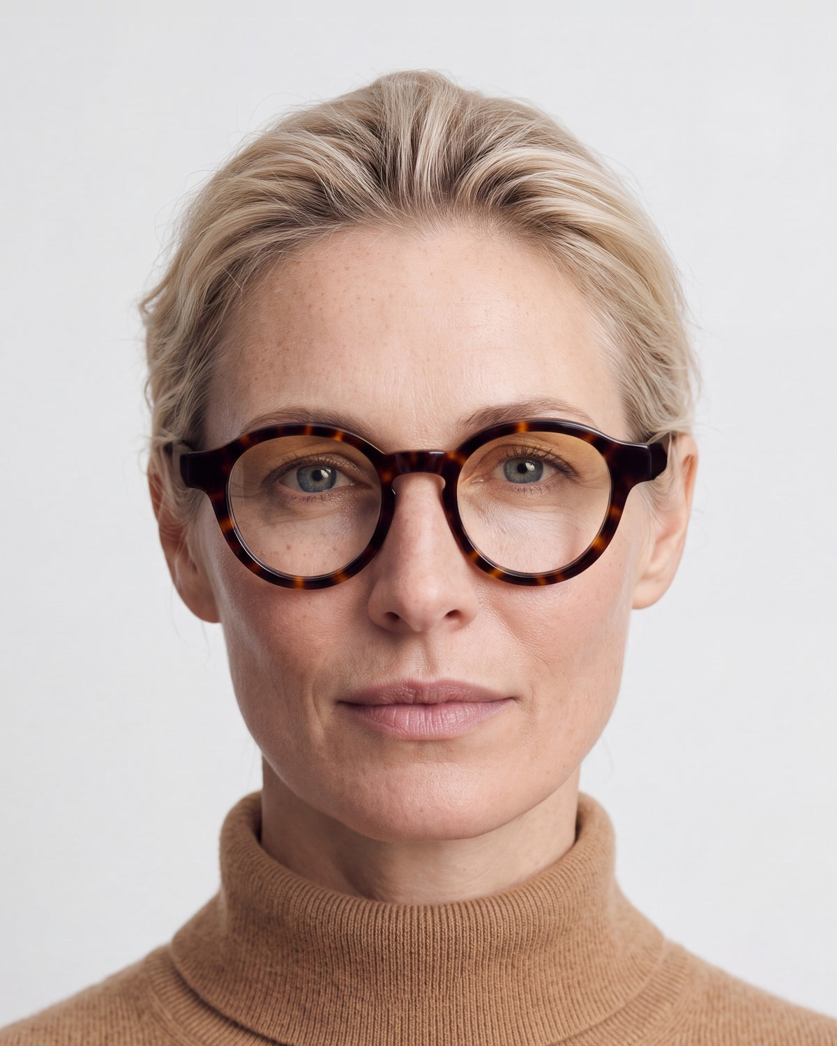 Nora in tortoiseshell, worn, Dawn lenses